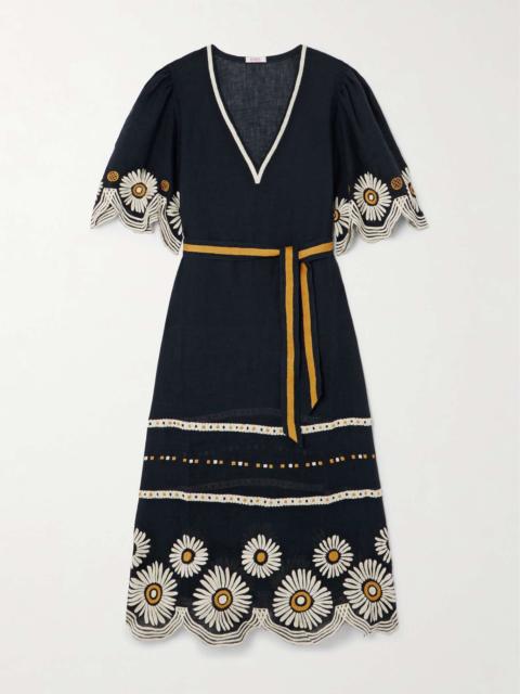 Hortense belted scalloped embroidered linen midi dress