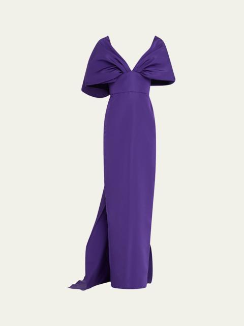 Kimono-Sleeve Faille Column Gown with Train