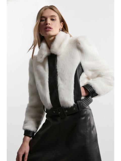 Faux Fur Pu Panelled Belted Cropped Jacket