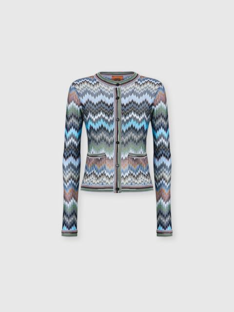 Snake-Pattern Viscose Chevron Cardigan with Patch Pockets