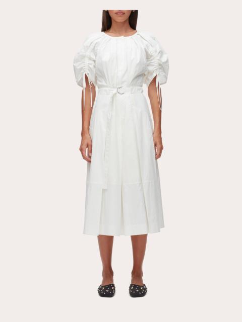 Cotton Poplin Ruched-Sleeve Midi Dress
