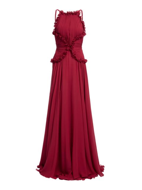 Ruffled Silk Georgette Maxi Dress red