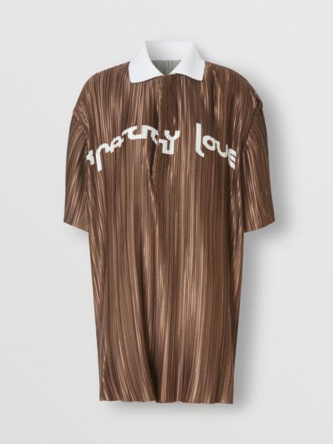 Slogan Print Satin Plissé Polo Shirt