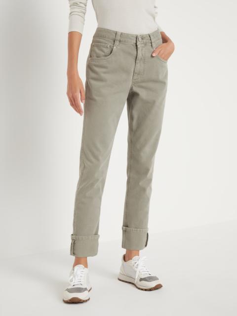 Garment-dyed comfort soft denim straight trousers with shiny tab