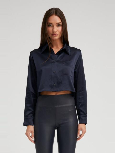 NAVY SILK CROPPED BUTTON DOWN
