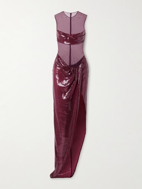 Asymmetric Paneled Draped Sequined Tulle Gown