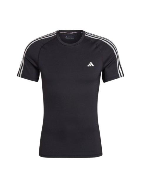adidas Solid Color Stripe Logo Casual Round Neck Short Sleeve Black T-Shirt HD3525