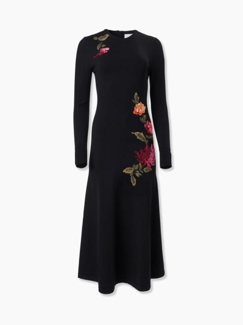 Chrysanthemum-Embroidered Midi Knit Dress