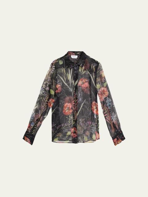 Floral-Print Silk Organza Collared Blouse