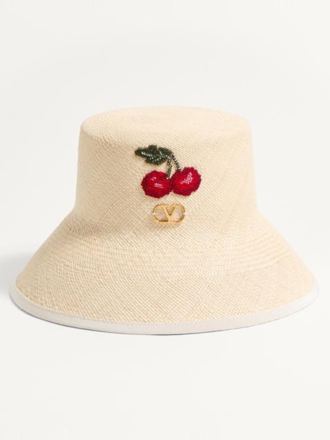 VLOGO SIGNATURE STRAW BUCKET HAT WITH LEATHER TRIM AND CHERRYFIC EMBROIDERY