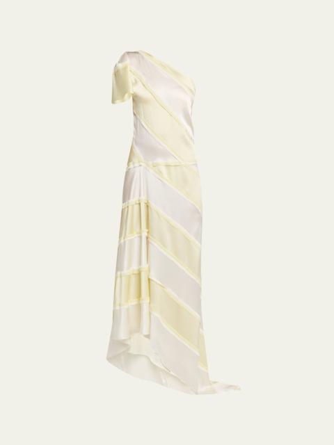 Striped Asymmetric Silk One-Shoulder Maxi Dress