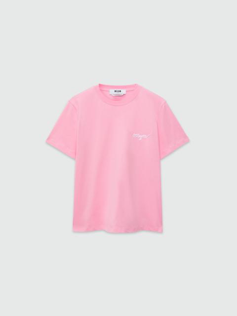 Pink jersey T-shirt with embroidered cursive logo