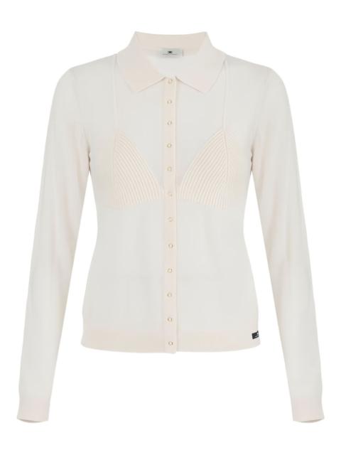 shirt-collar ribbed cardigan