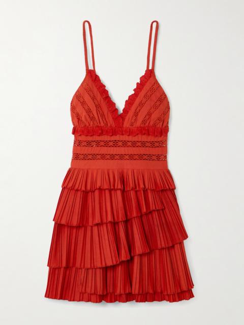 Antonina Broderie Anglaise-trimmed Tiered Pleated Poplin Mini Dress