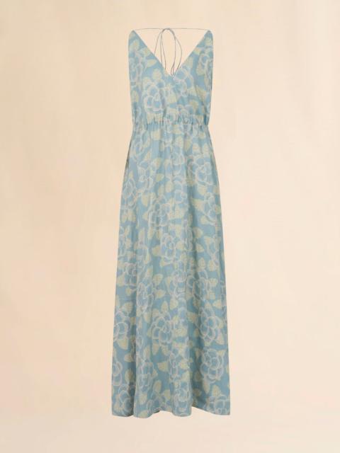 BLUE RAMIE MAXI DRESS WITH BANJO PRINT