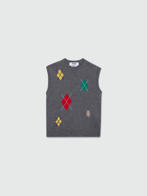 Grey melange knitted vest with multicolor argyle pattern