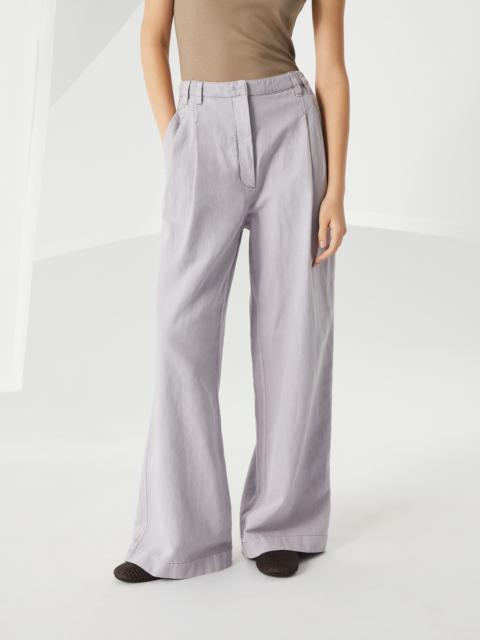 Garment-dyed cotton and linen cover smart wide trousers with monili