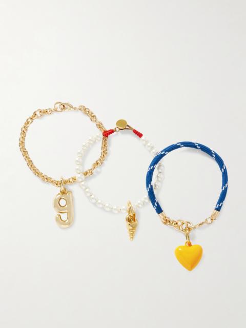 The Happy Heart Trio Set Of Three Gold-tone, Cord, Faux Pearl And Enamel Bracelets