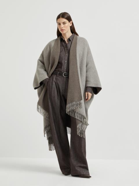Sparkling cashmere chevron flannel reversible poncho with fringe