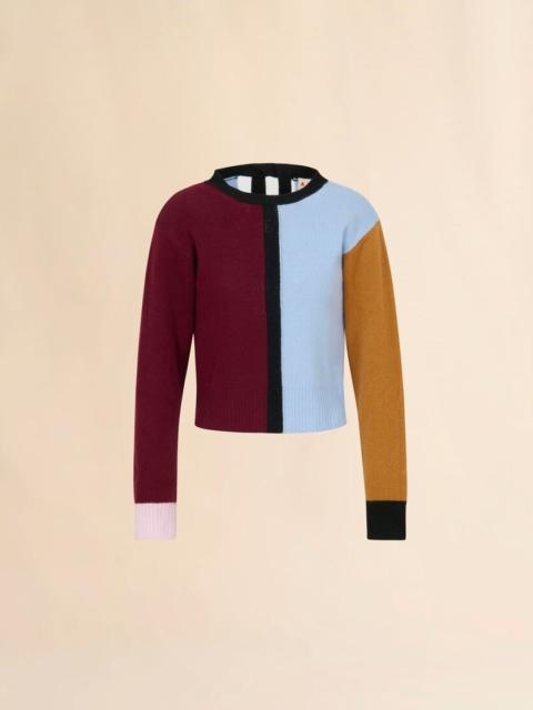 BLUE AND BURGUNDY CASHMERE COLOR-BLOCK SWEATER