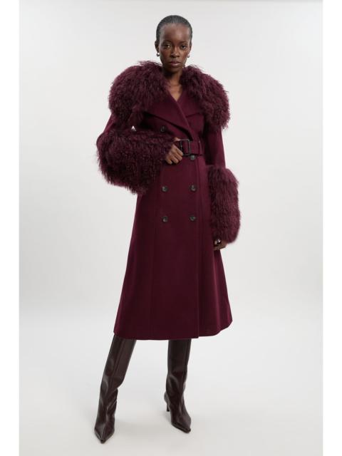 Brushed Wool & Shearling Tailored Double Breasted Belted Midi Coat