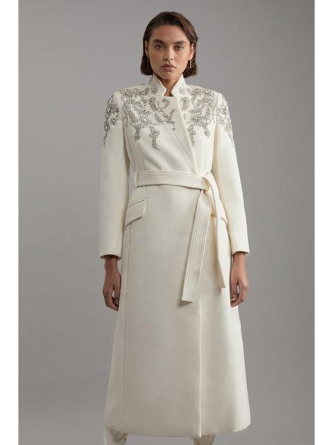 Wool Crystal Embellished Notch Neck Belted Maxi Coat