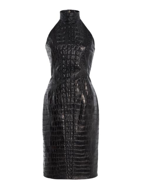 Croc-Embossed Leather Midi Halter Dress black