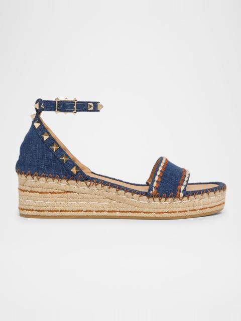 Rockstud Denim Wedge Espadrille Sandals