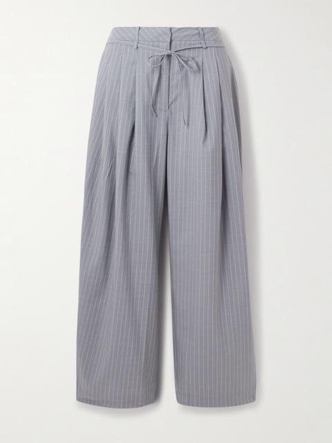 Belted Pleated Striped Wool Straight-leg Pants