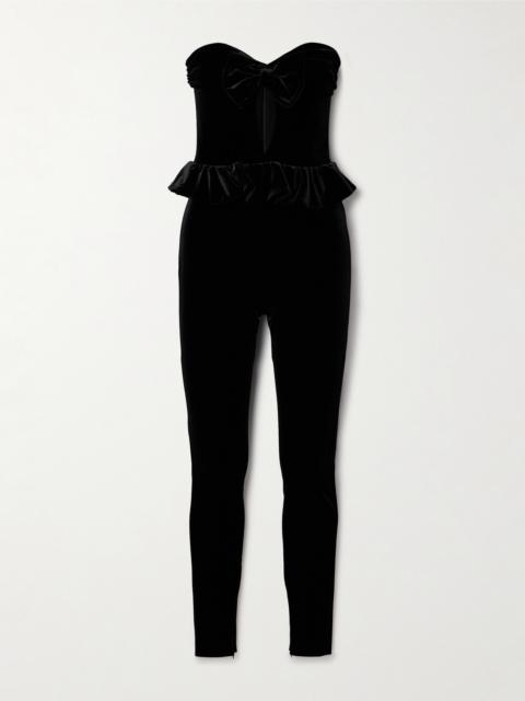 Strapless Bow-detailed Cutout Velvet Jumpsuit
