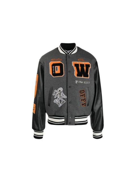 OFF-WHITE Patch Embellished Varsity Bomber Jacket Medium Grey Yellow Black