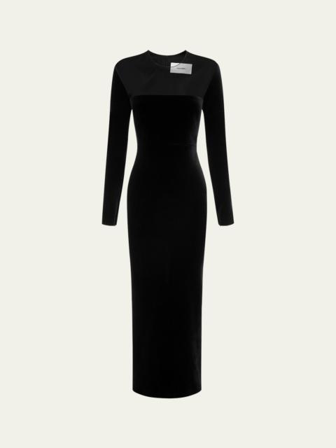 Velvet Long Sleeve Dress with Contrast Mesh Panel