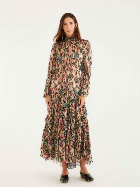 Pink Blurred Tiny Flowers Long Sleeve Maxi Dress