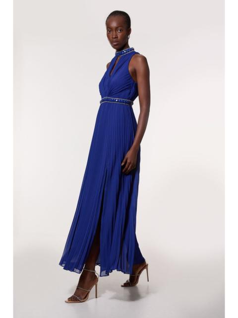 Petite Halter Diamante Enamel Trim Woven Pleated Split Maxi Dress