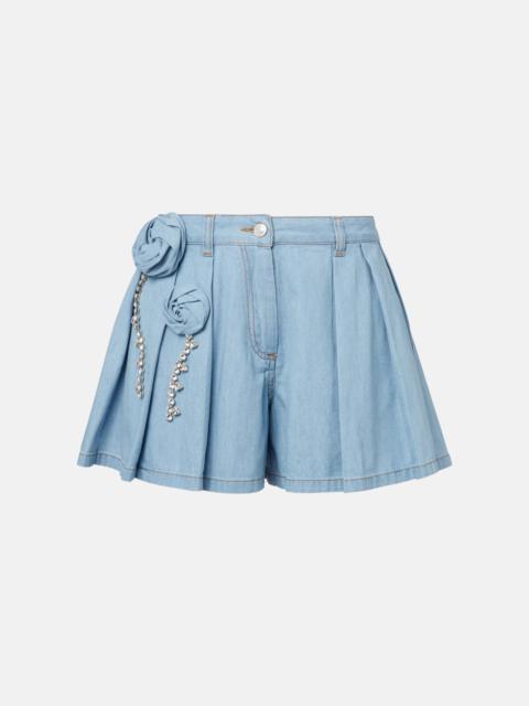 Floral-appliqué denim shorts