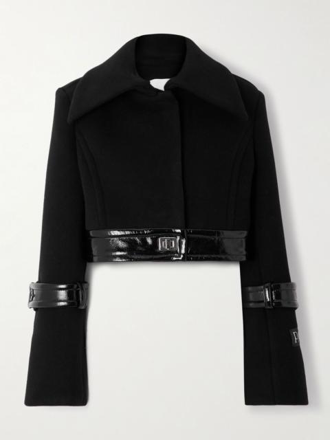 Belted coated-trimmed brushed wool-blend jacket Black
