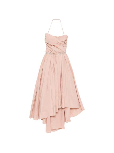 strapless ruched asymmetric midi dress