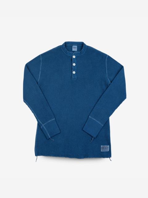 WAFFLE KNIT LONG SLEEVED THERMAL HENLEY - INDIGO DYED
