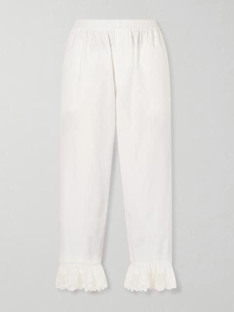 Cropped Ruffled Lace-trimmed Cotton-poplin Straight-leg Pants