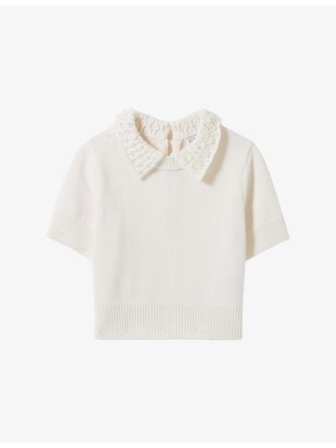 Pearl-Embellished Short-Sleeve Wool And Cashmere-Blend Top
