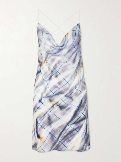 Open-back draped checked satin mini dress