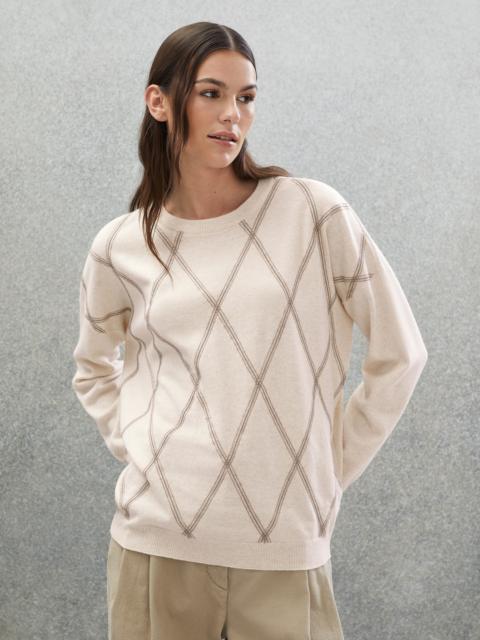 Virgin wool, cashmere and silk sweater with shiny argyle embroidery