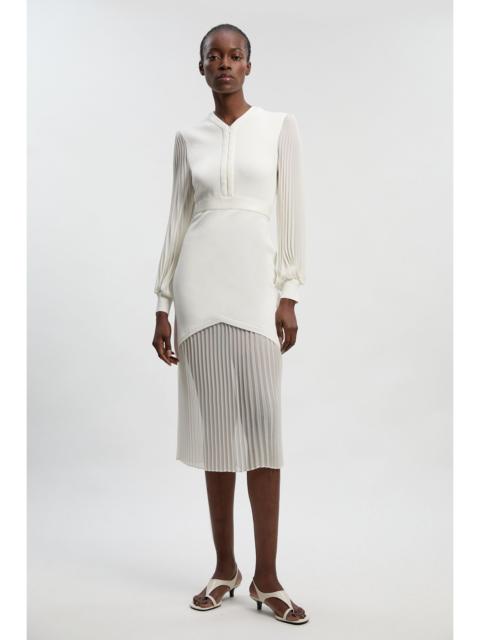 Woven Sleeved Pleated Dress With Pu