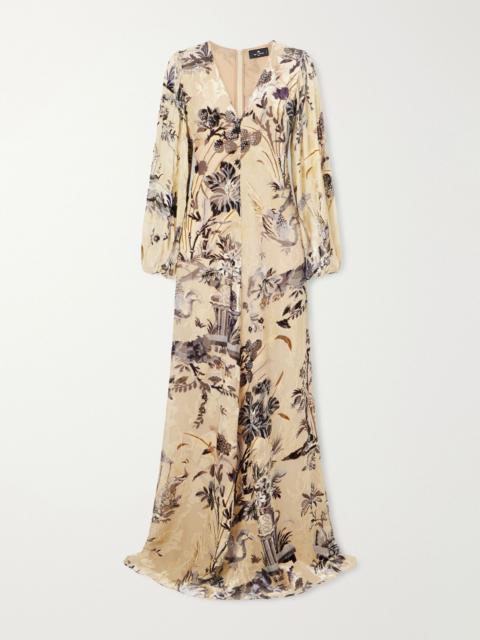 Printed floral-jacquard maxi dress Beige