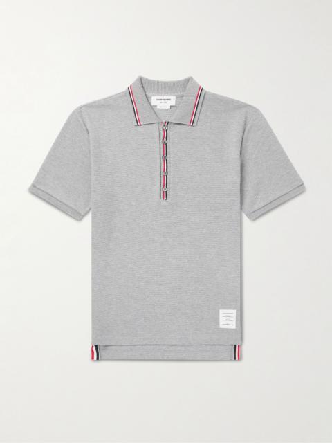Logo-Appliquéd Striped Waffle-Knit Cotton Polo Shirt Gray