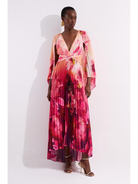 Petite Ombre Floral Soft Pleated Woven Maxi With Cape Detail