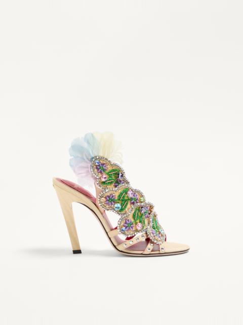 DANS LE FOYER SANDAL IN MOIRÉ FABRIC WITH FLORAL EMBROIDERY AND FEATHERS 105MM