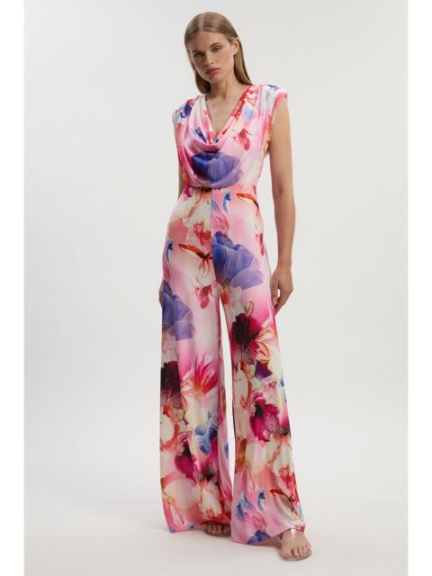 Tall Floral Printed Drapey Jersey Cowl Neck Wide Leg Jumpsuit