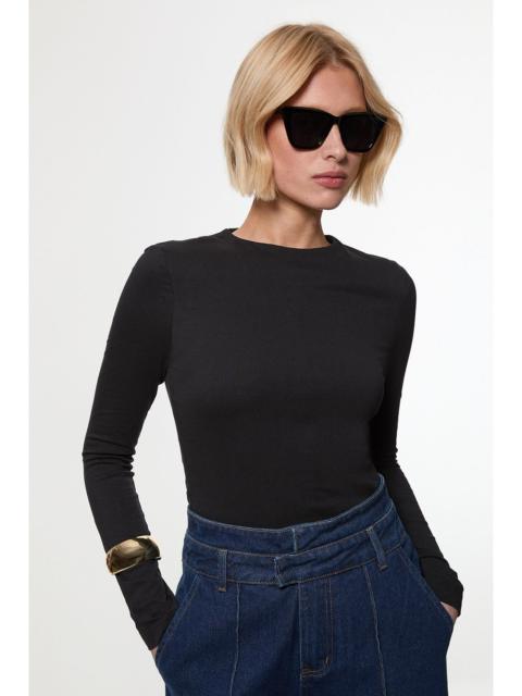 Stretch Cotton Crew Neck Long Sleeve Top