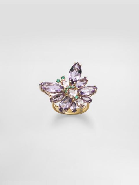 Butterfly Ring 18-carat yellow gold, amethysts, morganites, and emeralds